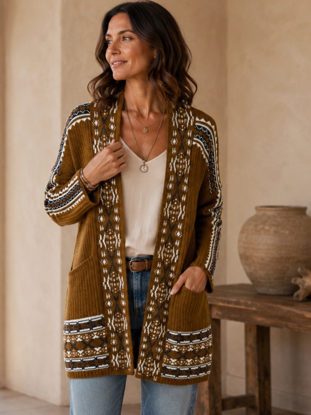 Lucky Brand Fair Isle Aztec Open Front Cardigan Sweater Medium Cotton Blend Boho